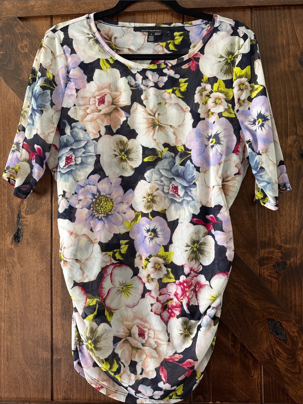 White House Black Market Black Floral Scoop-Neck Mesh Top with Pastel Blooms L